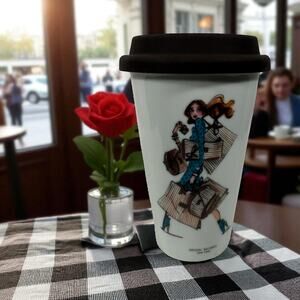 Henri Bendel New York Shopper Blue Dress Girl Travel Tumbler With Silicone Lid